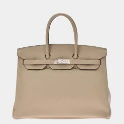 Hermes Beige Veau Crispe Togo Leather Palladium Hardware Birkin 35 Bag For Women