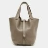 Hermes Etoupe Taurillion Clemence Leather Picotin Lock 18 Bag For Women