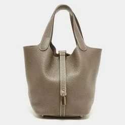 Hermes Etoupe Taurillion Clemence Leather Picotin Lock 18 Bag For Women