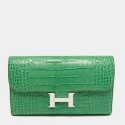 Hermes Cactus Alligator Palladium Finish Constance Long Wallet For Women