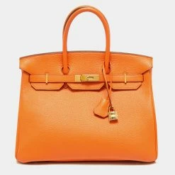Hermes Orange Togo Leather Gold Finish Birkin 35 Bag For Women