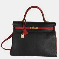 Hermes Hermès HSS Black & Vermillon Togo Retourne Kelly 35 GHW For Women