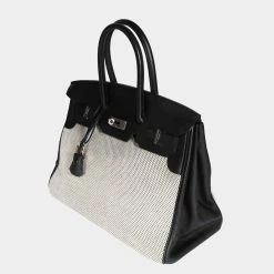 Hermes Hermès Écru Toile & Black Swift Birkin 35 PHW For Women -Deals Hermes Store luxury women hermes used handbags p667439 001