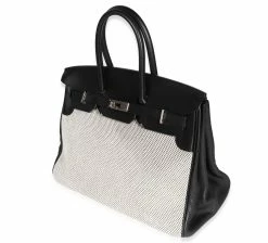 Hermes Hermès Écru Toile & Black Swift Birkin 35 PHW For Women -Deals Hermes Store luxury women hermes used handbags p667439 003