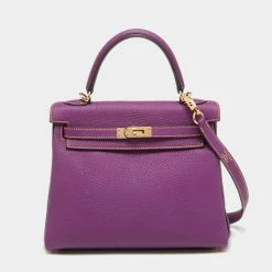 Hermes Anemone/Bleu Nuit Togo Leather Gold Finish Kelly Retourne 25 Bag For Women