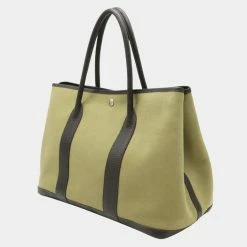 Hermes Garden PM Tote Bag Handbag Toile Officier Leather Khaki Dark Brown For Women -Deals Hermes Store luxury women hermes used handbags p671673 001