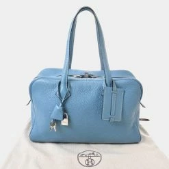 Hermes Taurillon Clemence Victoria 35 Boston Bag Shoulder Light Blue For Women -Deals Hermes Store luxury women hermes used handbags p671676 002