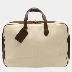 Hermes Victoria 50 Boston Bag Toile Ash Taurillon Clemence Beige Tail Brown For Women