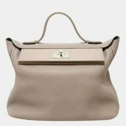 Hermes Grey Taurillon Clemence Sac Van Quatre 24/24 35 Top Handle Bag For Women