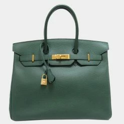 Hermes Green Clemence Leather Gold Hardware Birkin 35 Bag For Women