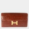 Hermes Brown Gold Plated Hardware Shiny Alligator Leather Constance Wallet For Women -Deals Hermes Store luxury women hermes used handbags p674677 001