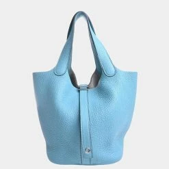 Hermes Taurillon Clemence Picotan Lock PM Handbag Light Blue For Women