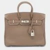 Hermes Hermès Etoupe Togo Leather Palladium Finished Birkin 25 Bag For Women