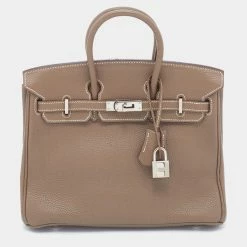 Hermes Hermès Etoupe Togo Leather Palladium Finished Birkin 25 Bag For Women