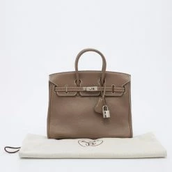 Hermes Hermès Etoupe Togo Leather Palladium Finished Birkin 25 Bag For Women -Deals Hermes Store luxury women hermes used handbags p677485 023