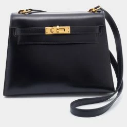Hermes Black Box Calf Leather Mini Kelly Sellier Shoulder Bag For Women