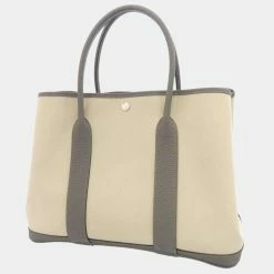 Hermes White/Brown Negonda Toile Leather Garden Party PM Tote Bag For Women