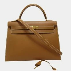 Hermes Brown Chamonix Leather Gold Hardware Kelly Retourne 32 Bag For Women