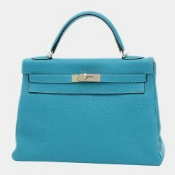 Hermes Kelly 32 Inner Stitch Taurillon Clemence Turquoise R Engraved Handbag For Women