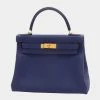 Hermes Kelly 28 Inner Sewn Togo Blue Ankle C Engraved Handbag For Women