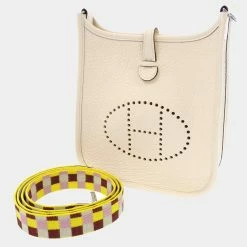 Hermes White Taurillon Clemence Leather Evelyn TPM Shoulder Bag For Women