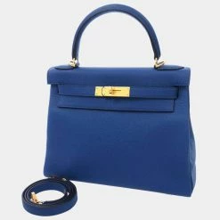 Hermes Blue Taurillon Clemence Leather Gold Hardware Kelly Retourne 28 Bag For Women