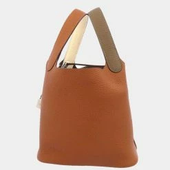 Hermes Gold/Grey Taurillon Clemence Leather Picotin Lock 18 Casaque Tote Bag For Women