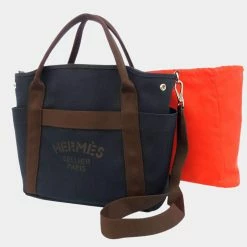 Hermes Navy/Brown Canvas Leather Sac De Pansage Tote Bag For Women