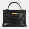 Hermes Vintage Black Box Calf Retourne Kelly 32 GHW For Women