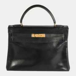 Hermes Vintage Black Box Calf Retourne Kelly 32 GHW For Women