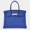 Hermes Blue Taurillon Clemence Leather Palladium Hardware Birkin 30 Bag For Women