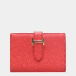 Hermes Bearn Card Case Rouge Pivoinne G Metal Fittings Goat X Engraved For Women