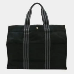 Hermes Four Tote GM Bag Shoulder Handbag Canvas Black Gray For Women