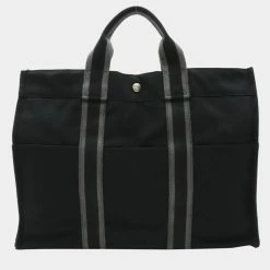 Hermes Four Tote MM Bag Handbag Canvas Black Gray For Women