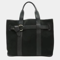 Hermes Petite Centure MM Tote Bag Handbag Canvas Leather Black J Stamp For Women