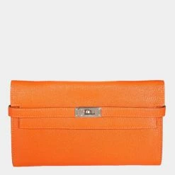Hermes Orange Chevre Mysore Kelly Wallet With Palladium Hardware For Women