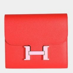 Hermes Rouge De Coeur Epsom & Rose Sakura Enamel Compact Constance Wallet PHW For Women