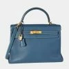 Hermes Verso Bleu Thalassa & Bleu Jean Clemence Retourne Kelly 32 GHW For Women