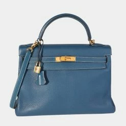Hermes Verso Bleu Thalassa & Bleu Jean Clemence Retourne Kelly 32 GHW For Women
