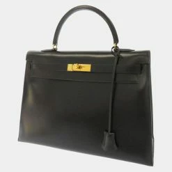 Hermes Black Box Calf Leather Kelly 35 Bag For Women