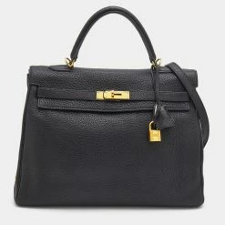 Hermes Black Fjord Leather Gold Finished Kelly Retourne 35 Bag For Women