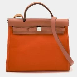 Hermes Orange/Natural Canvas And Leather Herbag Zip 31 Bag For Women