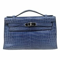Hermes Blue Niloticus Crocodile Palladium Kelly Pochette For Women