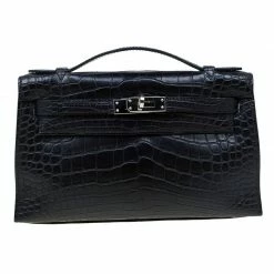 Hermes Black Alligator Palladium Kelly Pochette For Women