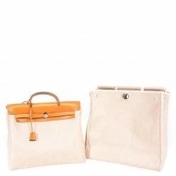 Hermes Beige And Orange Canvas And Vache Calfskin Leather Herbag GM Bag For Women