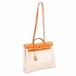 Hermes Beige And Orange Canvas And Vache Calfskin Leather Herbag GM Bag For Women -Deals Hermes Store luxury women hermes used handbags p80317 003