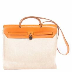 Hermes Beige And Orange Canvas And Vache Calfskin Leather Herbag GM Bag For Women -Deals Hermes Store luxury women hermes used handbags p80317 004