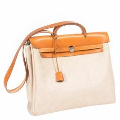 Hermes Beige And Orange Canvas And Vache Calfskin Leather Herbag GM Bag For Women -Deals Hermes Store luxury women hermes used handbags p80317 006