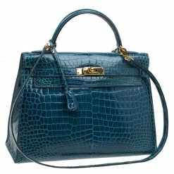 Hermes Blue Marine Porosus Crocodile Gold Hardware Kelly Sellier 32 Bag For Women -Deals Hermes Store luxury women hermes used handbags p84220 0003