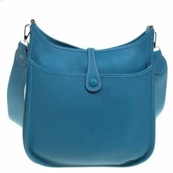 Hermes Blue Jean Clemence Leather Evelyne III PM Bag For Women -Deals Hermes Store luxury women hermes used handbags p92426 004